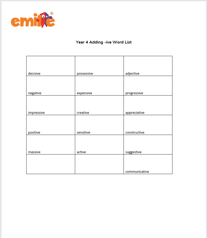 Year 4 adding -ive Word List
