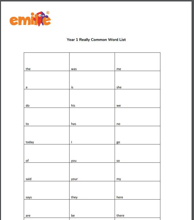 Y1 Really Common Word List