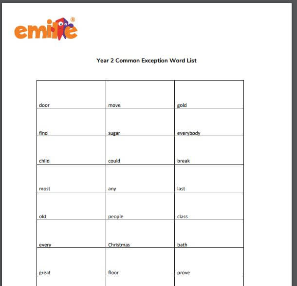 Y2 Common Exception word list