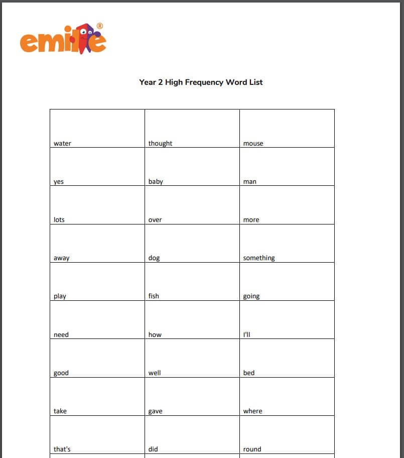 Y2 High Frequency word list