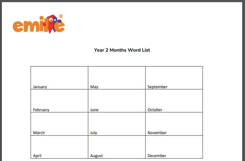 Y2 Months of the year word list